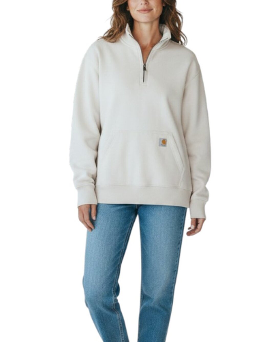 CARHARTT Relaxed-Fit Quarter-Zip Sweatshirt W's Sz M Cream Fleece Inside Cozy